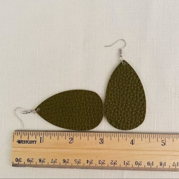 Faux Leather Earrings in Olive Green New Lightweight Teardrop Shaped - Picture 3 of 6